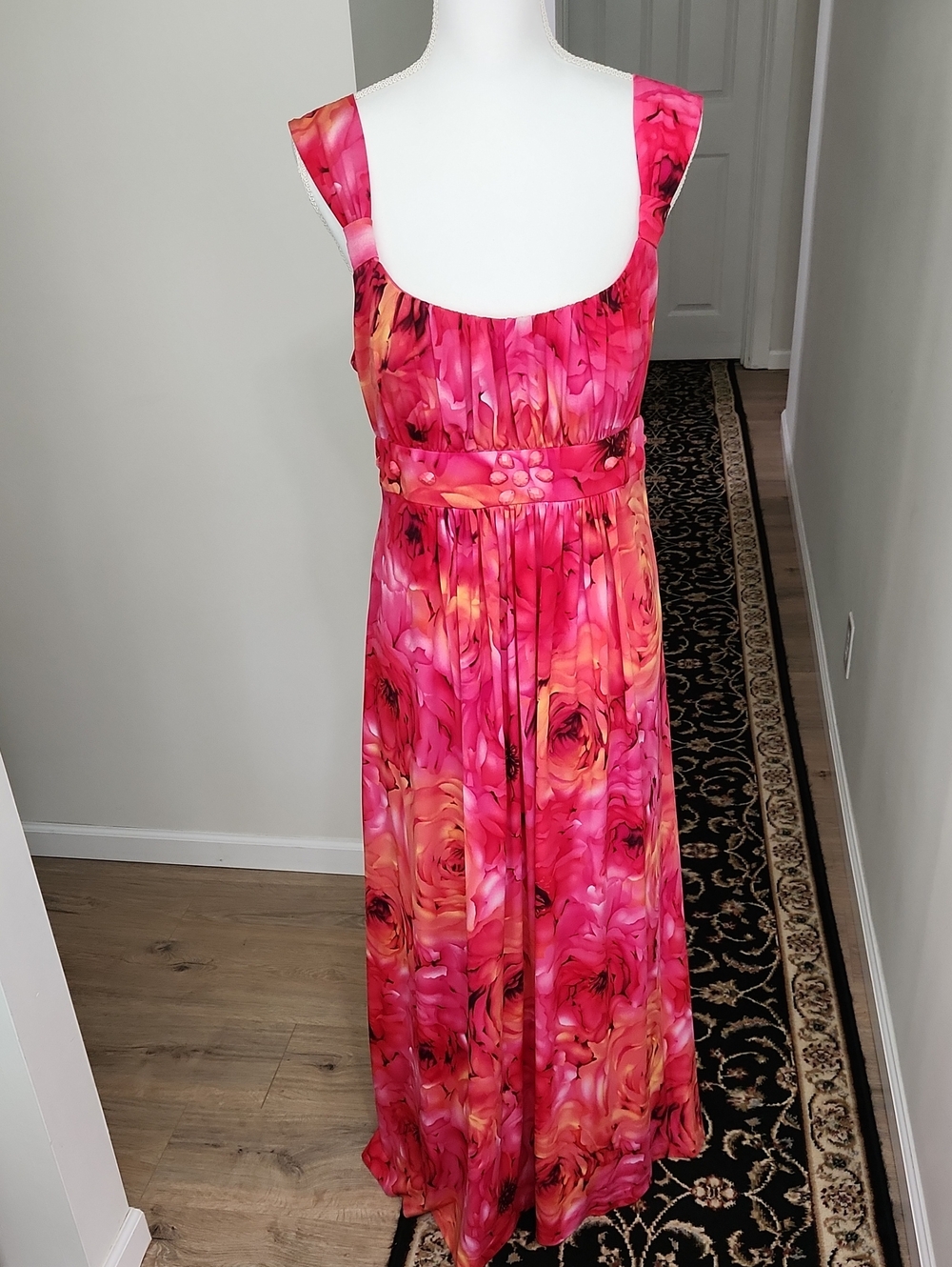 Bisou Bisou Michele Bohbot Floral Maxi Dress Tie Belt Empire Waist Fuschia 16